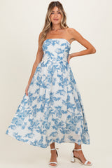 Blue Floral Strapless Maternity Midi Dress