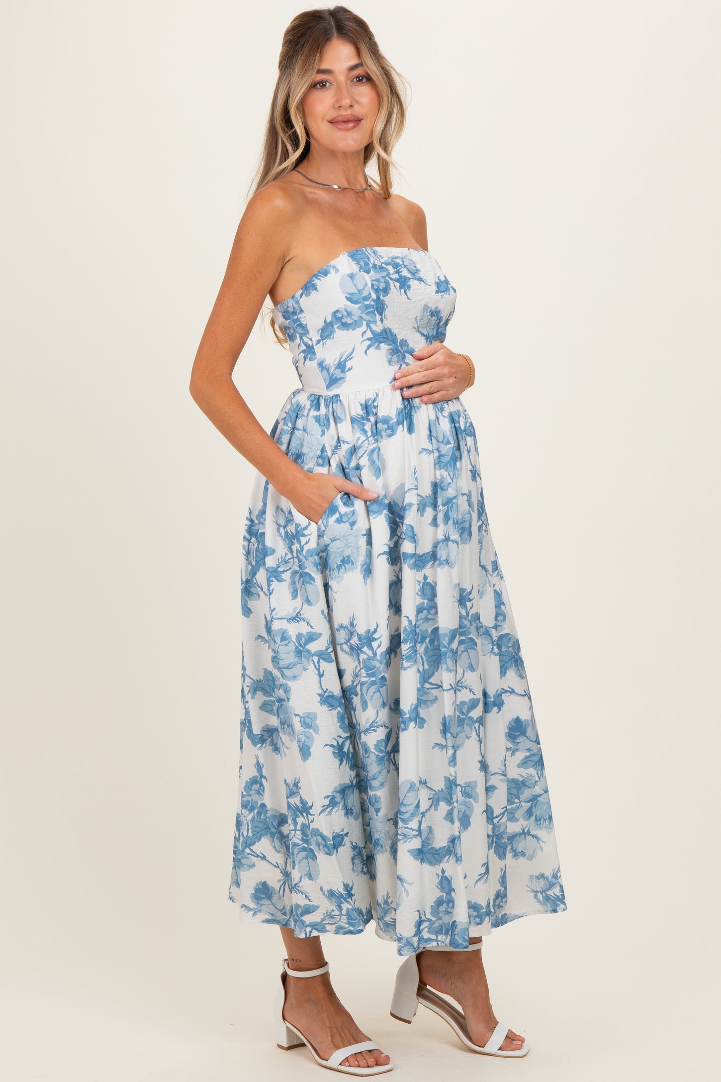 Blue Floral Strapless Maternity Midi Dress