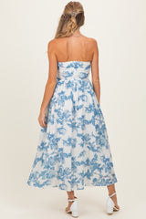 Blue Floral Strapless Maternity Midi Dress