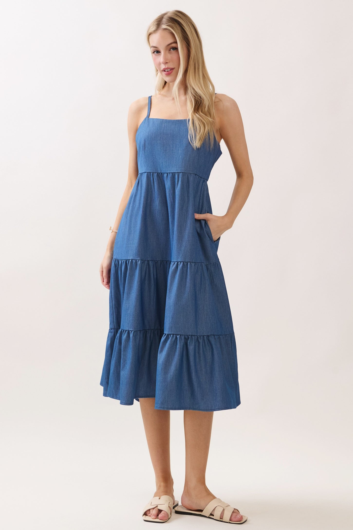 Dark Blue Tiered Sleeveless Midi Dress