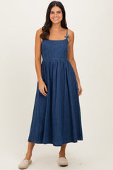 Denim Blue Bow Accent Strap Midi Dress