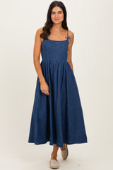 Denim Blue Bow Accent Strap Midi Dress
