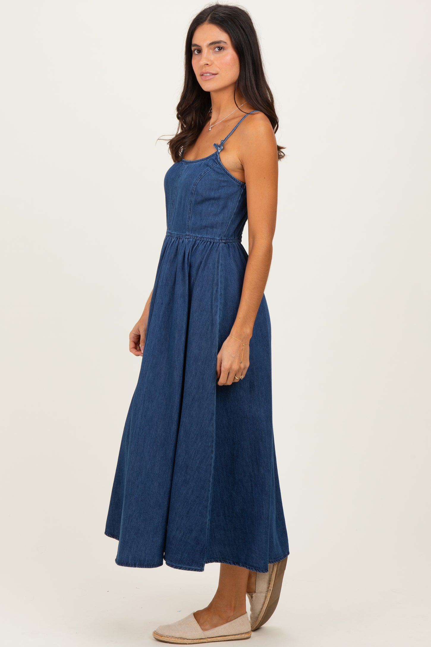 Denim Blue Bow Accent Strap Midi Dress