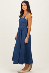 Denim Blue Bow Accent Strap Midi Dress