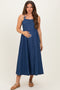 Denim Blue Bow Accent Strap Maternity Midi Dress