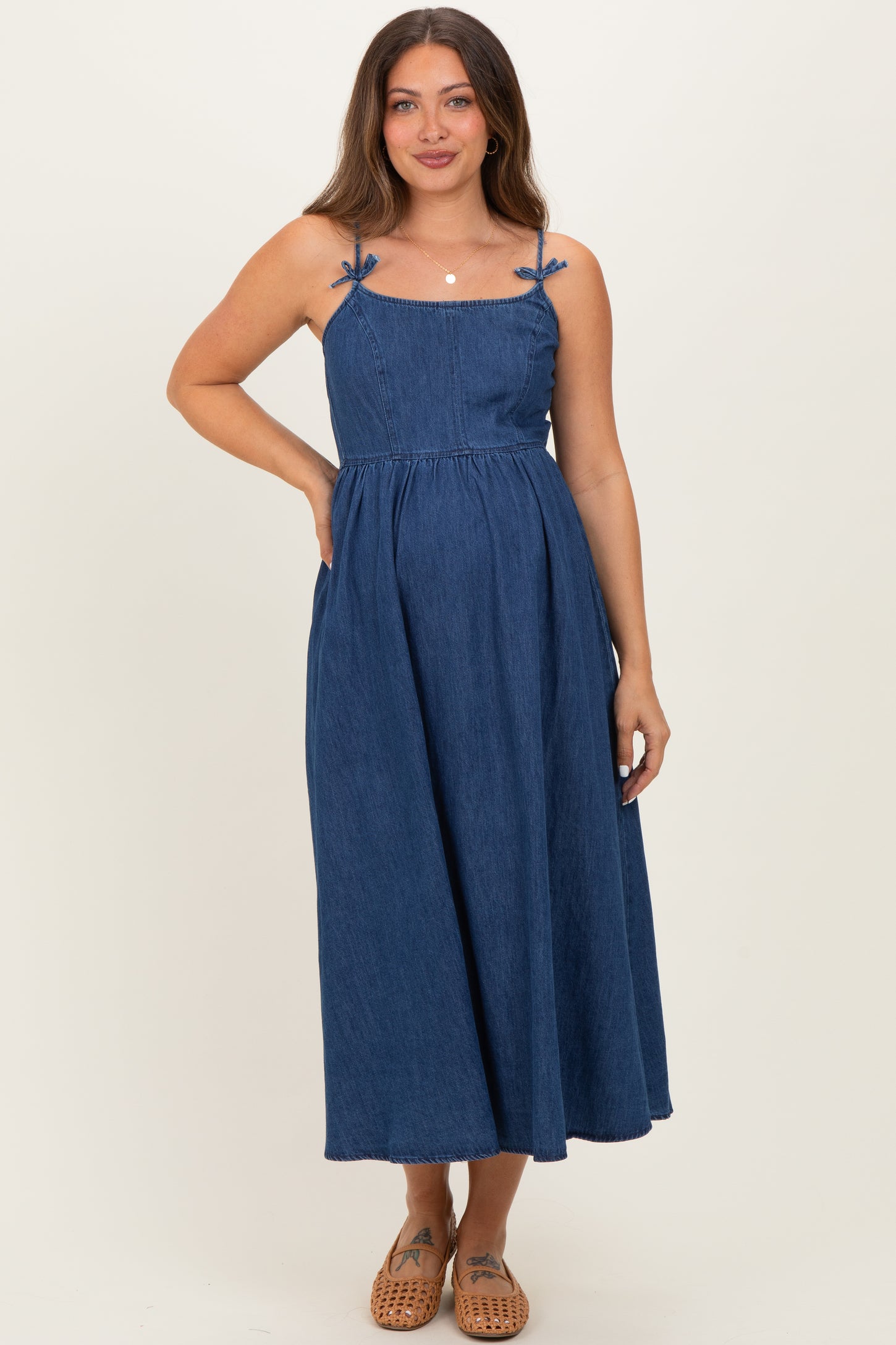 Denim Blue Bow Accent Strap Maternity Midi Dress