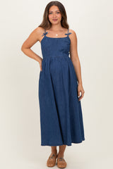 Denim Blue Bow Accent Strap Maternity Midi Dress