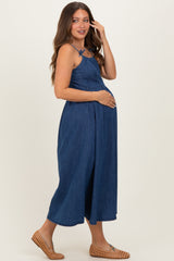 Denim Blue Bow Accent Strap Maternity Midi Dress