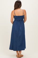 Denim Blue Bow Accent Strap Maternity Midi Dress