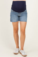 Blue Raw Hem Maternity Midi Denim Shorts