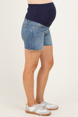 Blue Raw Hem Maternity Midi Denim Shorts