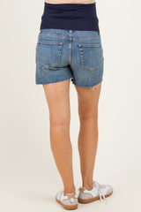 Blue Raw Hem Maternity Midi Denim Shorts