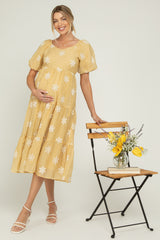 Saffron Yellow Embroidered Floral Tiered Maternity Midi Dress