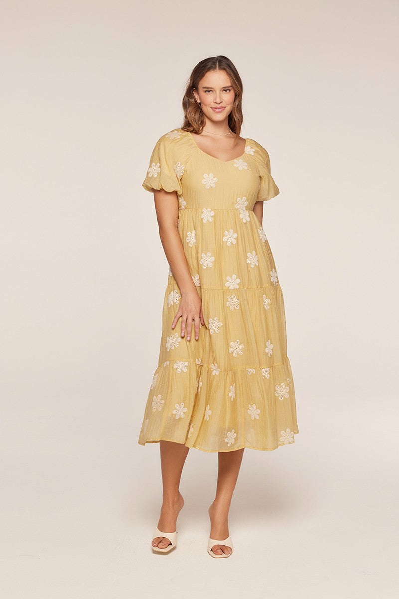 Saffron Yellow Embroidered Floral Tiered Maternity Midi Dress