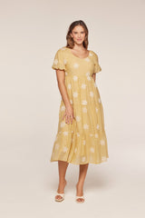 Saffron Yellow Embroidered Floral Tiered Maternity Midi Dress