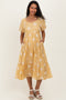 Saffron Yellow Embroidered Floral Tiered Maternity Midi Dress