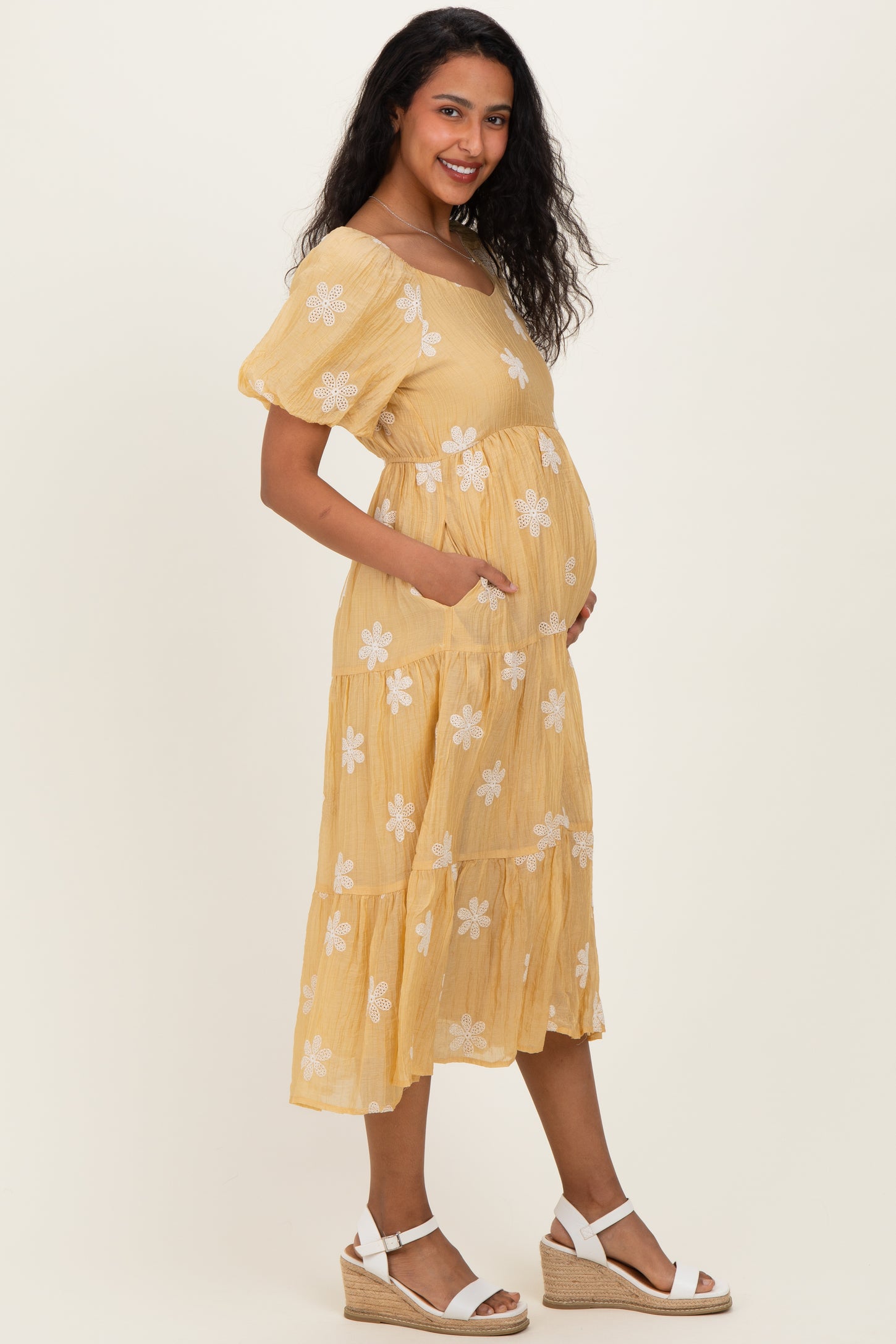 Saffron Yellow Embroidered Floral Tiered Maternity Midi Dress