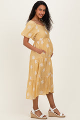 Saffron Yellow Embroidered Floral Tiered Maternity Midi Dress