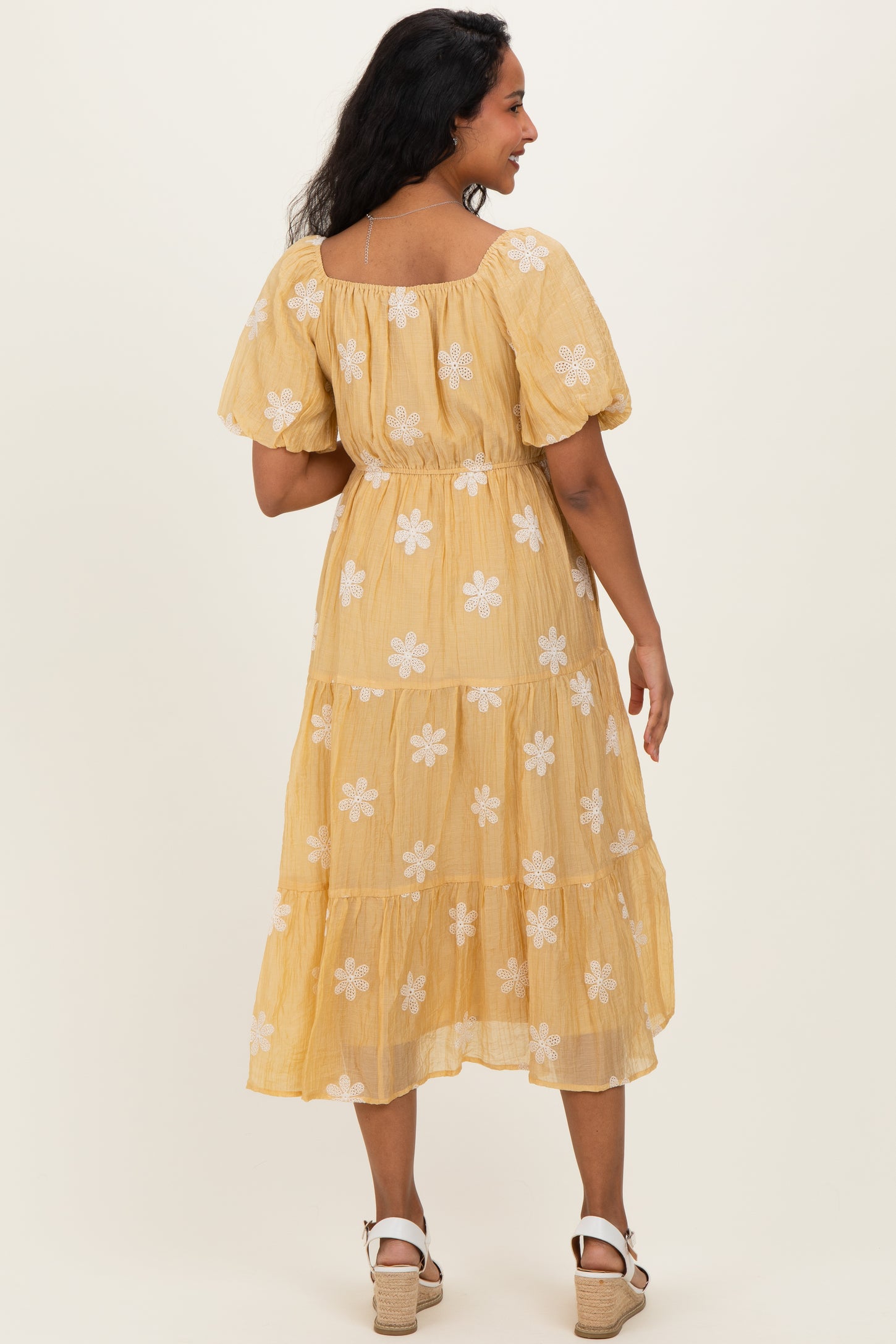 Saffron Yellow Embroidered Floral Tiered Maternity Midi Dress