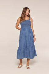 Denim Chambray Smocked Sleeveless Midi Dress