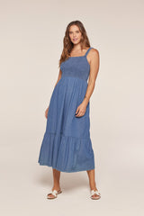 Denim Chambray Smocked Sleeveless Midi Dress