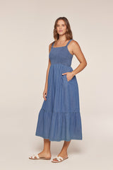 Denim Chambray Smocked Sleeveless Midi Dress