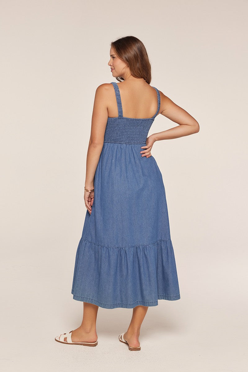 Denim Chambray Smocked Sleeveless Midi Dress