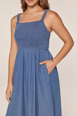 Denim Chambray Smocked Sleeveless Midi Dress