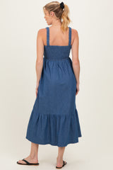 Denim Chambray Smocked Sleeveless Maternity Midi Dress