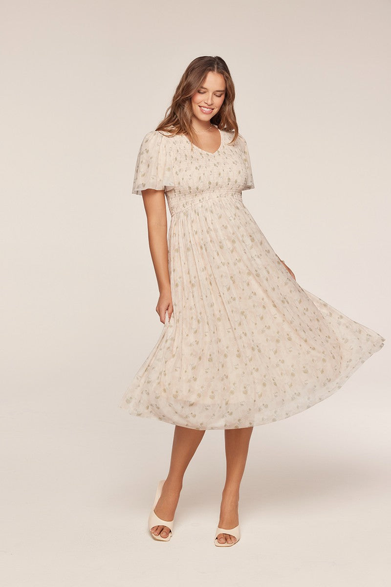 Cream Floral Chiffon Smocked Midi Dress