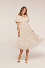 Cream Floral Chiffon Smocked Midi Dress