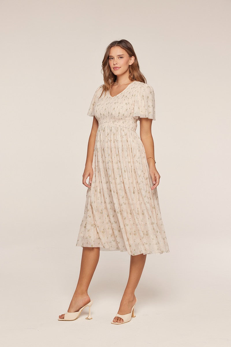 Cream Floral Chiffon Smocked Maternity Midi Dress