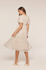 Cream Floral Chiffon Smocked Midi Dress