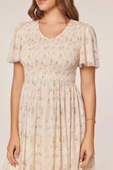Cream Floral Chiffon Smocked Midi Dress