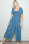 Denim Chambray Puff Sleeve Wide Leg Jumpsuit