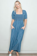 Denim Chambray Puff Sleeve Wide Leg Jumpsuit