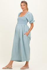 Light Blue Chambray Puff Sleeve Wide Leg Maternity Jumpsuit