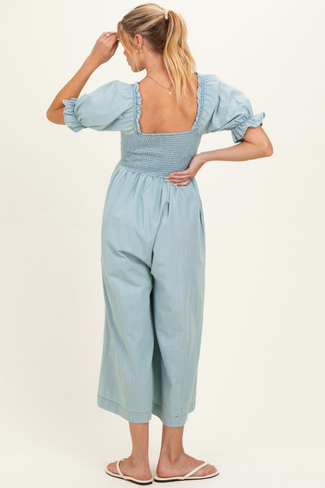 Light Blue Chambray Puff Sleeve Wide Leg Maternity Jumpsuit