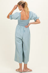 Light Blue Chambray Puff Sleeve Wide Leg Maternity Jumpsuit