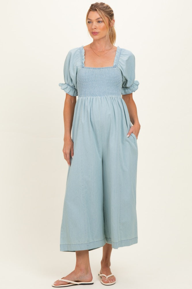 Light Blue Chambray Puff Sleeve Wide Leg Maternity Jumpsuit