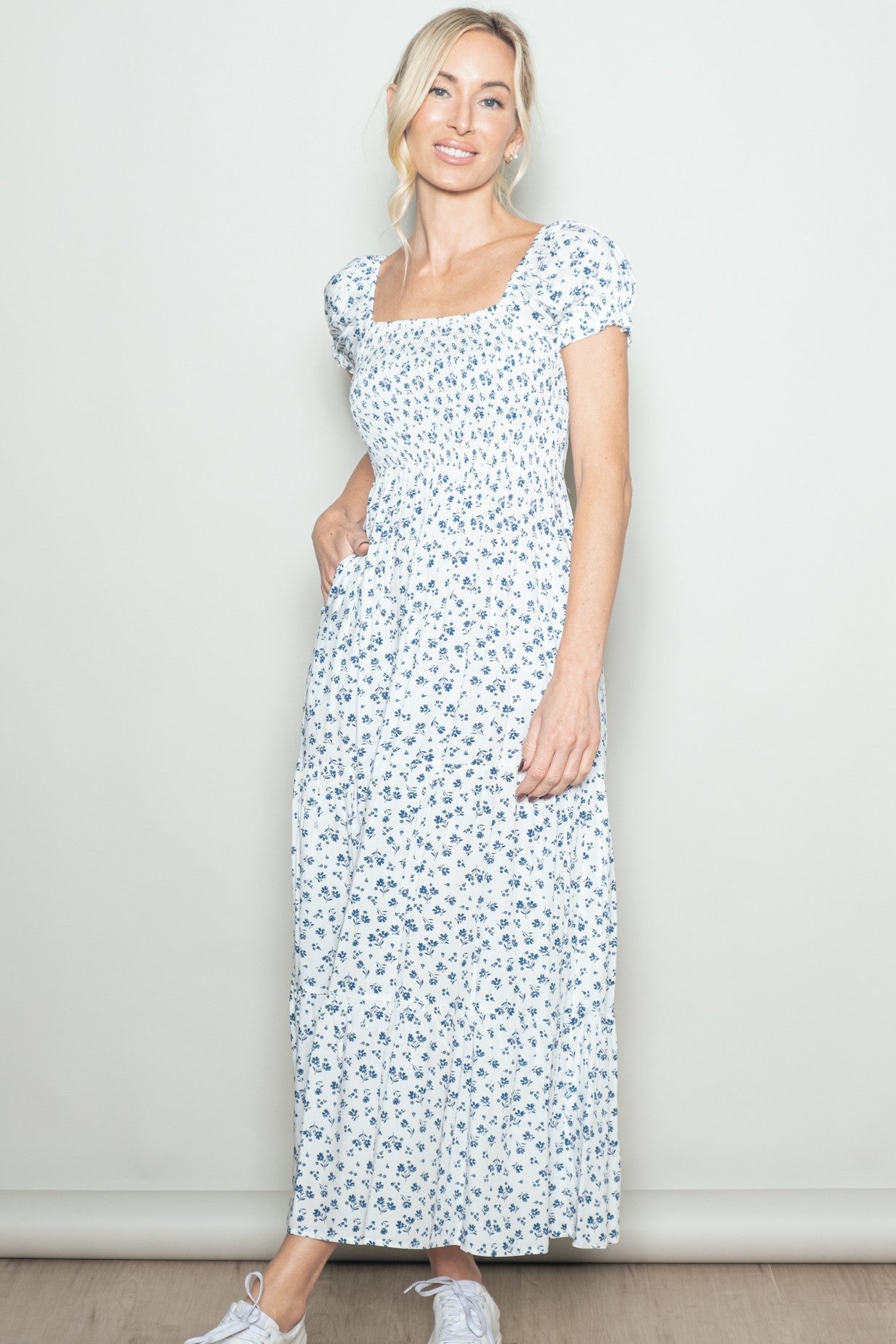 White Floral Smocked Puff Sleeve Maternity Maxi Dress