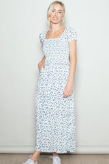 White Floral Smocked Puff Sleeve Maternity Maxi Dress