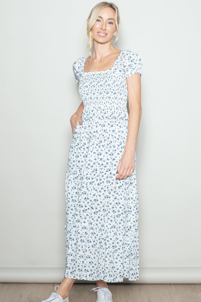 White Floral Smocked Puff Sleeve Maxi Dress