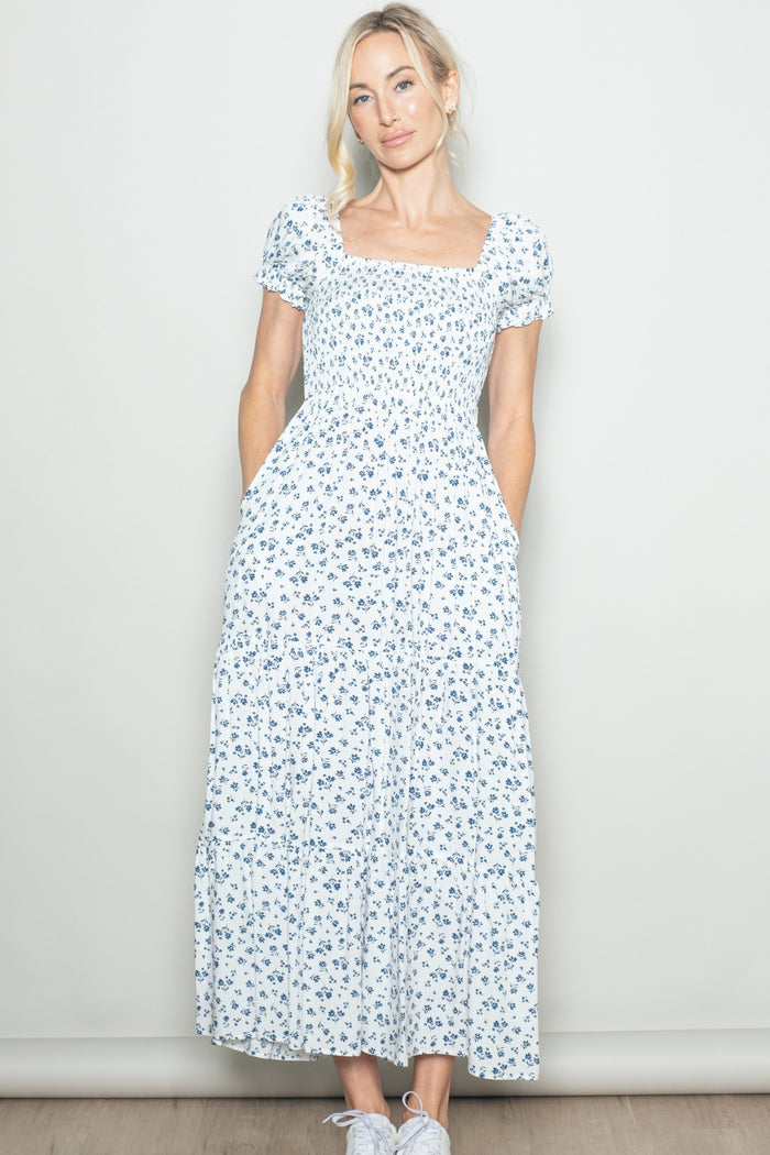 White Floral Smocked Puff Sleeve Maxi Dress