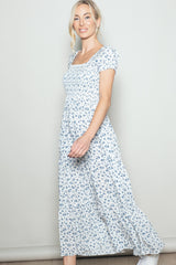 White Floral Smocked Puff Sleeve Maxi Dress
