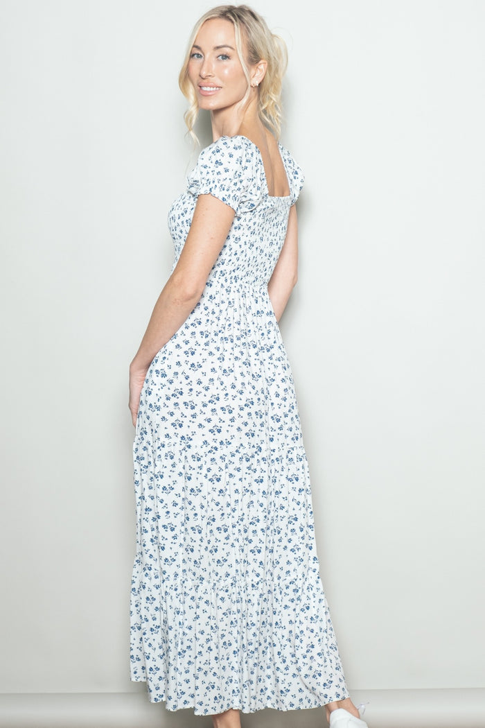 White Floral Smocked Puff Sleeve Maxi Dress