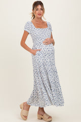 White Floral Smocked Puff Sleeve Maternity Maxi Dress