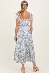 White Floral Smocked Puff Sleeve Maternity Maxi Dress