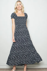 Black Floral Smocked Puff Sleeve Maternity Maxi Dress