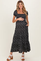 Black Floral Smocked Puff Sleeve Maternity Maxi Dress